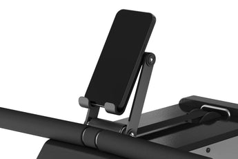 Vrijstaand detail van de telefoonhouder van de Kingsmith WalkingPad WM10 roeitrainer