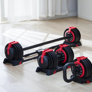 Zijaanzicht van de Kingsmith Adjustable Dumbbells set in de woonkamer