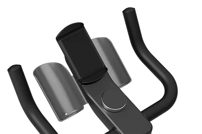 Detail van het stuur met telefoonhouder van de KingSmith WalkingPad Sprint Bike PB08S hometrainer vrijstaand weergegeven
