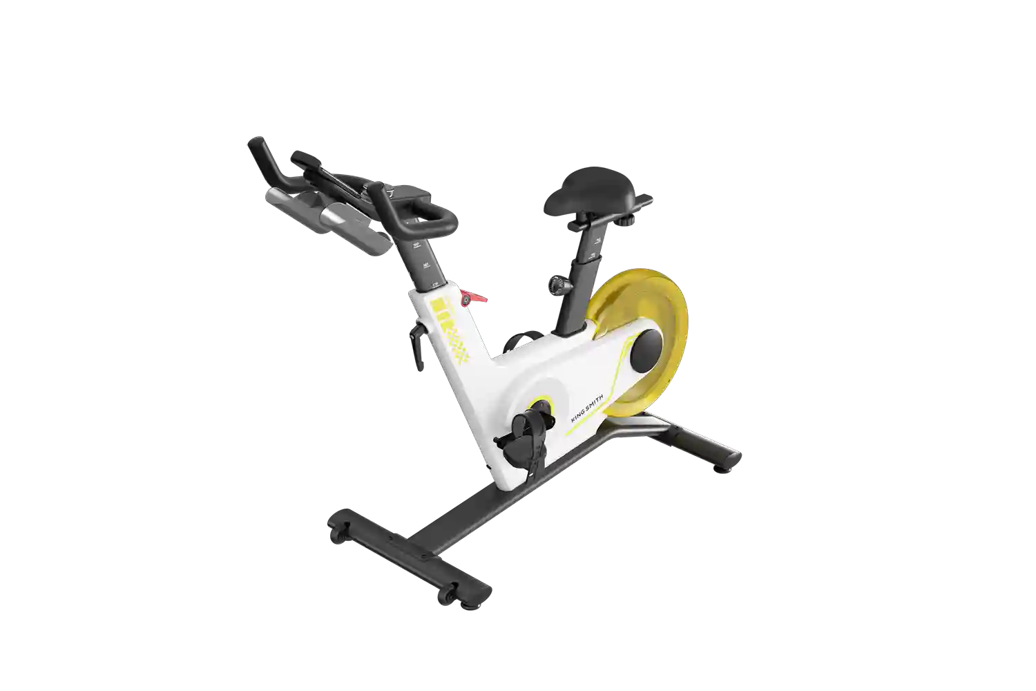 Voor en zijaanzicht van de KingSmith WalkingPad Sprint Bike PB08S hometrainer vrijstaand weergegeven